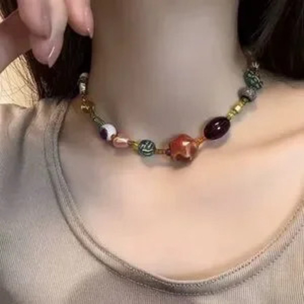 Retro multicolor beaded necklace celestial star